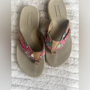 Sperry Tan Flip Flop Sandals with Pink & Green Floral Straps